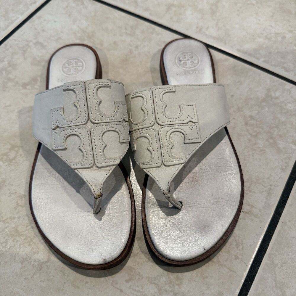 Tory Burch Jamie Dulce De Leche Full T Logo Thong Full Leather Sandals